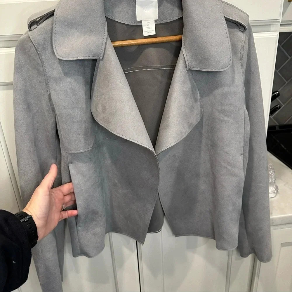 H&M Faux Suede Pocket Zippered Sleeve Gray Moto Jacket Size 4 - Picture 3 of 12